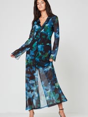 Blue & Black Abstract Floral Long Sleeve Mesh Ruffle Maxi Dress - Image 1 of 6