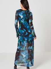 Blue & Black Abstract Floral Long Sleeve Mesh Ruffle Maxi Dress - Image 2 of 6