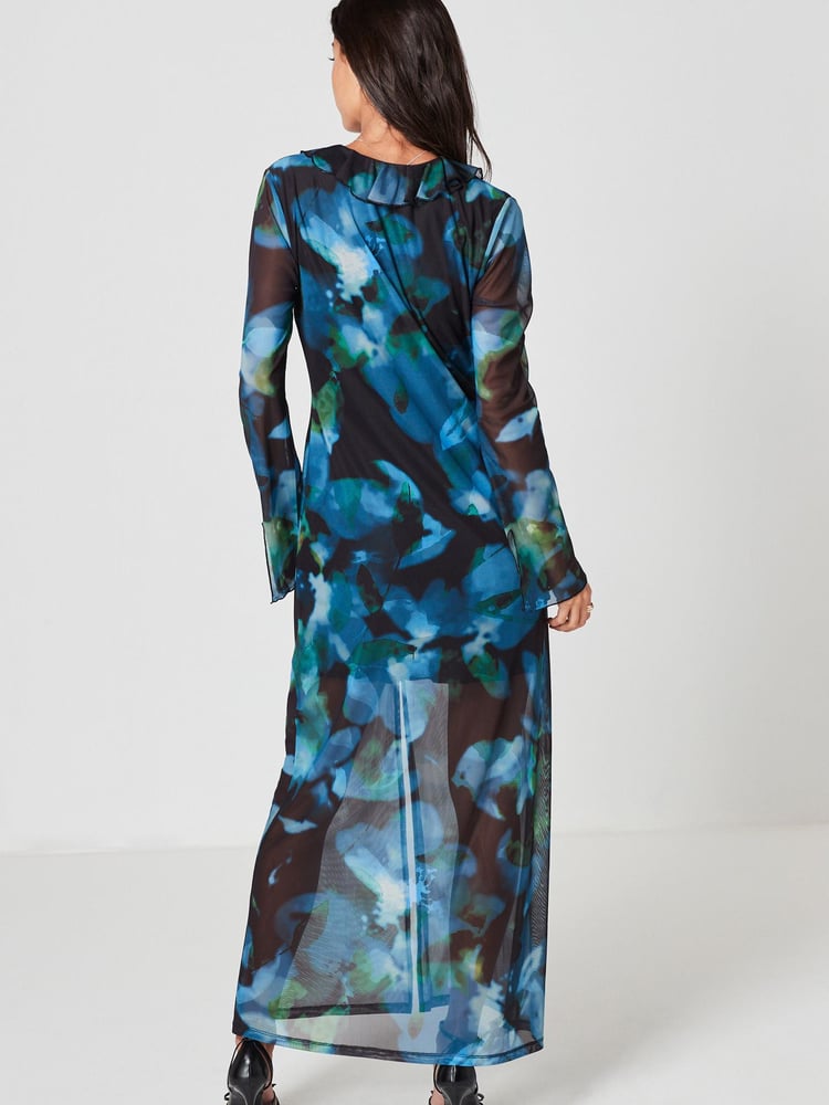 Blue & Black Abstract Floral Long Sleeve Mesh Ruffle Maxi Dress - Image 2 of 6