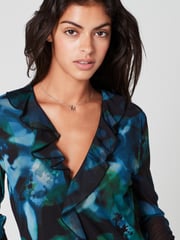 Blue & Black Abstract Floral Long Sleeve Mesh Ruffle Maxi Dress - Image 3 of 6