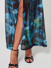 Blue & Black Abstract Floral Long Sleeve Mesh Ruffle Maxi Dress - Image 4 of 6