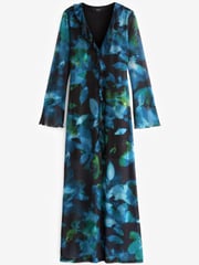 Blue & Black Abstract Floral Long Sleeve Mesh Ruffle Maxi Dress - Image 5 of 6