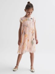 Reiss Pink Sade 9-14 yrs Floral Pleated Cap Sleeve Dress - Image 1 of 6