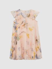 Reiss Pink Sade 9-14 yrs Floral Pleated Cap Sleeve Dress - Image 2 of 6