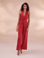 Red Sequin Halter Tailored Jumpsuit - Image 1 of 7