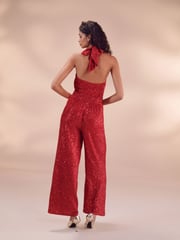 Red Sequin Halter Tailored Jumpsuit - Image 3 of 7