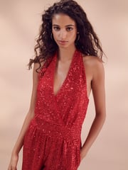 Red Sequin Halter Tailored Jumpsuit - Image 4 of 7