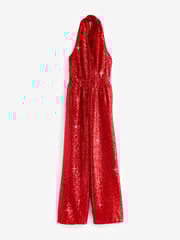Red Sequin Halter Tailored Jumpsuit - Image 6 of 7
