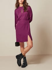 Purple Satin Jacquard Long Sleeve Mini Dress - Image 1 of 4