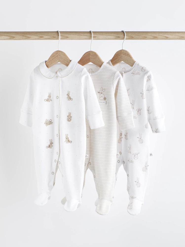 Neutral Bunny 100% Cotton Delicate Baby Sleepsuits 3 Pack (0-2yrs) - Image 1 of 1