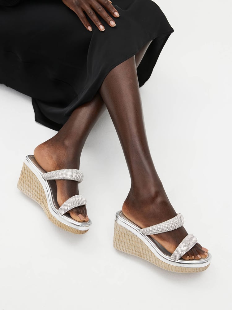 Silver Forever Comfort® Bling Mule Wedges - Image 1 of 7 Silver Forever Comfort® Bling Mule Wedges - Image 1 of 7