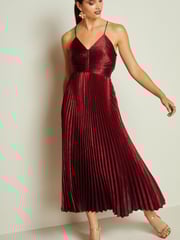 Red Pleated Metallic Midi Dress - Image 1 of 6