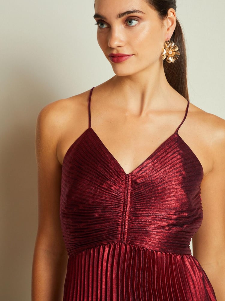 Red Pleated Metallic Midi Dress - Image 2 of 6