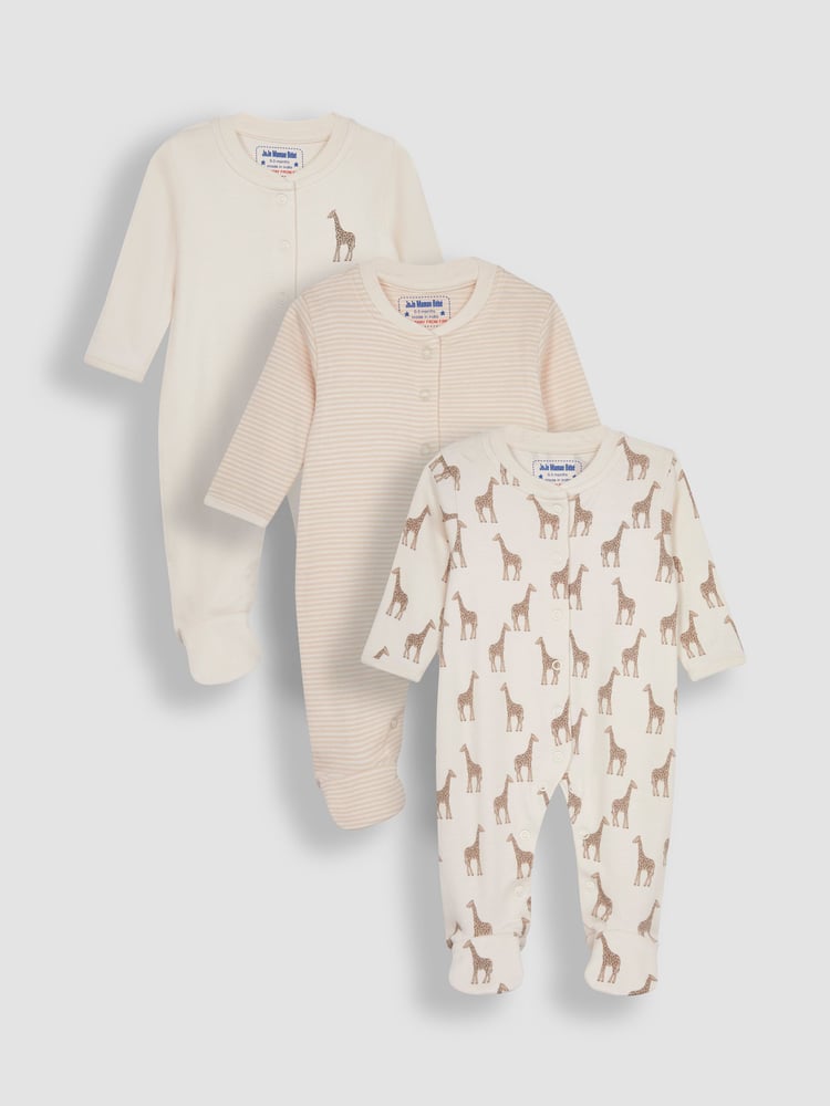 JoJo Maman Bébé Natural Giraffe Cotton Footed Animal Print Sleepsuits 3-Pack - Image 1 of 5