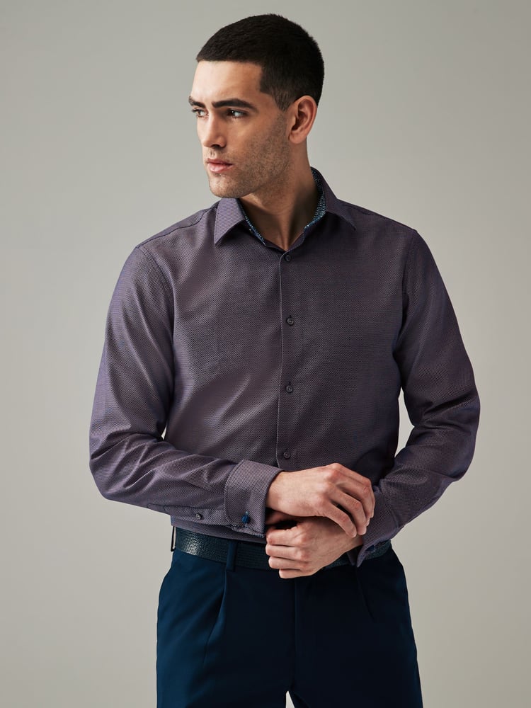 Purple Cotton Textured Trimmed Double Cuff 100% Cotton Shirt - Image 1 of 8