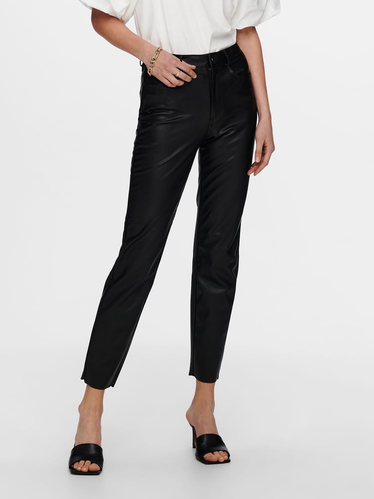 ONLY Black Petite High Waisted Faux Leather Workwear 100% Cotton Trousers - Image 1 of 5 ONLY Black Petite High Waisted Faux Leather Workwear 100% Cotton Trousers - Image 1 of 5