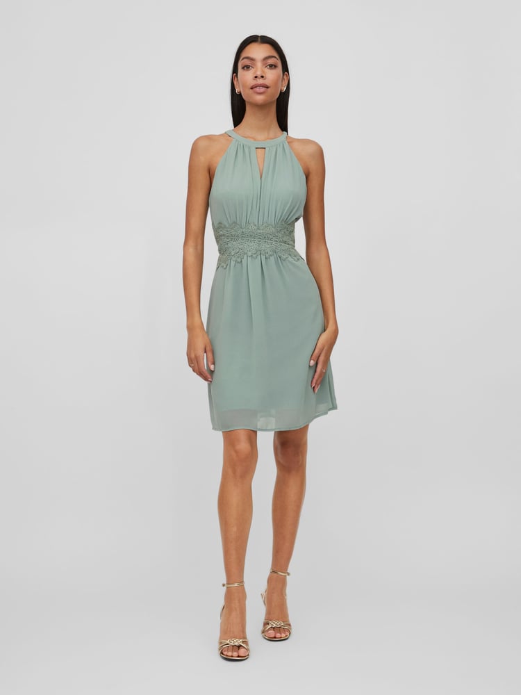 VILA Green Halter Neck Tulle Fit And Flare Dress - Image 1 of 7
