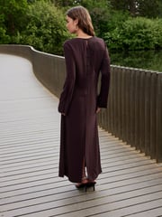 Wine Long Sleeve Satin Mix Column Midi Dress - Image 2 of 6