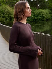 Wine Long Sleeve Satin Mix Column Midi Dress - Image 3 of 6