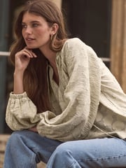 Neutral Premium Tie Neck Long Sleeve Jacquard Blouse - Image 1 of 7