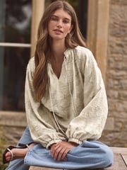 Neutral Premium Tie Neck Long Sleeve Jacquard Blouse - Image 2 of 7