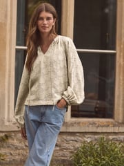 Neutral Premium Tie Neck Long Sleeve Jacquard Blouse - Image 3 of 7