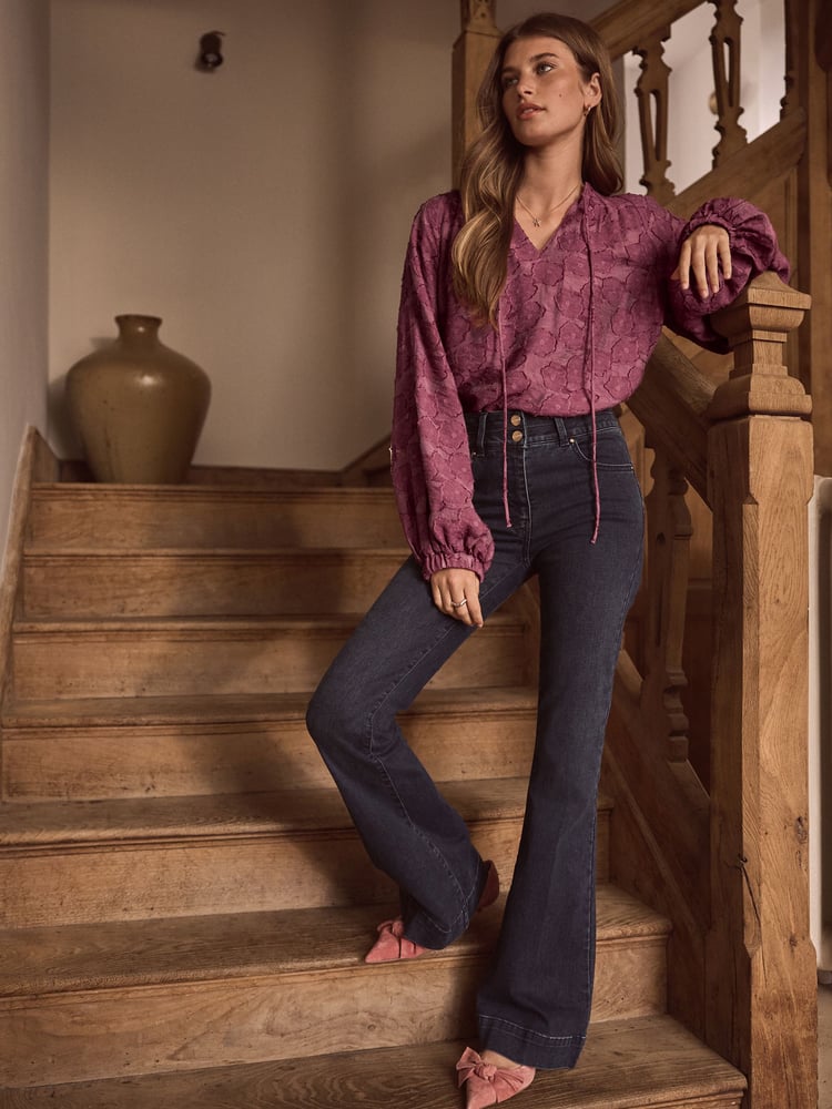 Burgundy Red Premium Tie Neck Long Sleeve Jacquard Blouse - Image 2 of 7