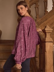 Burgundy Red Premium Tie Neck Long Sleeve Jacquard Blouse - Image 3 of 7