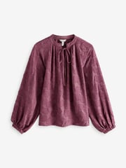 Burgundy Red Premium Tie Neck Long Sleeve Jacquard Blouse - Image 6 of 7
