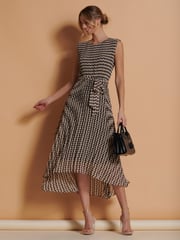 Jolie Moi Brown Pleated Chiffon High Low Maxi Dress - Image 4 of 5