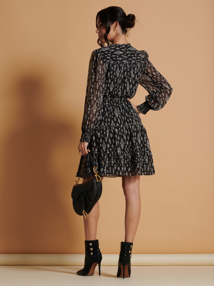 Jolie Moi Black Ditsy Print Chiffon Smock Dress - Image 2 of 6