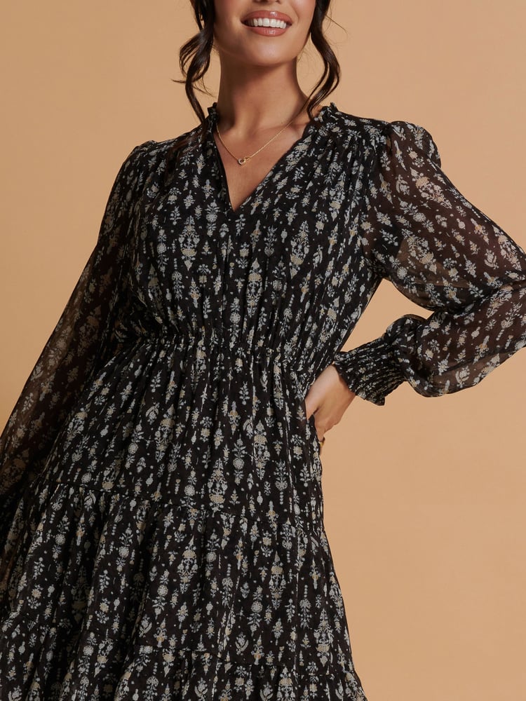 Jolie Moi Black Ditsy Print Chiffon Smock Dress - Image 6 of 6