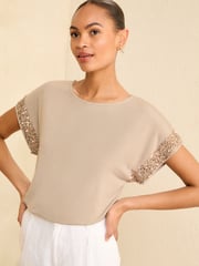 Love & Roses Camel Sequin Cuff Jersey Top - Image 1 of 4