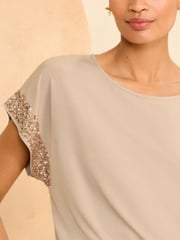 Love & Roses Camel Sequin Cuff Jersey Top - Image 2 of 4