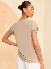 Love & Roses Camel Sequin Cuff Jersey Top - Image 3 of 4
