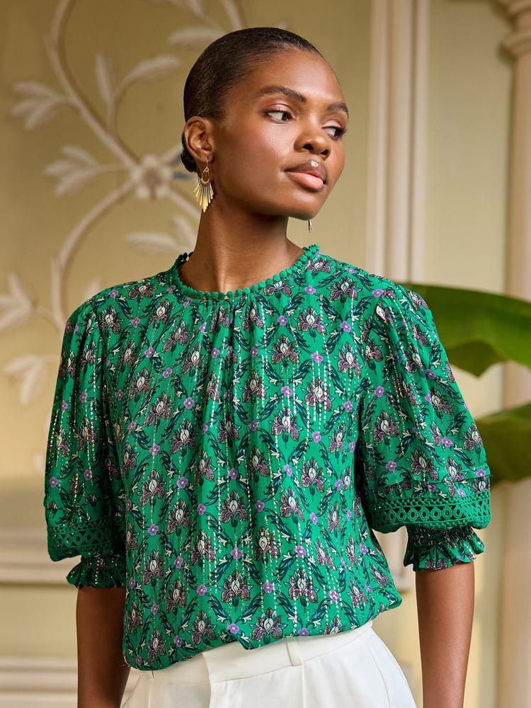 V&A | Love & Roses Green Floral Floral Print 3/4 Sleeve Blouse - Image 1 of 4