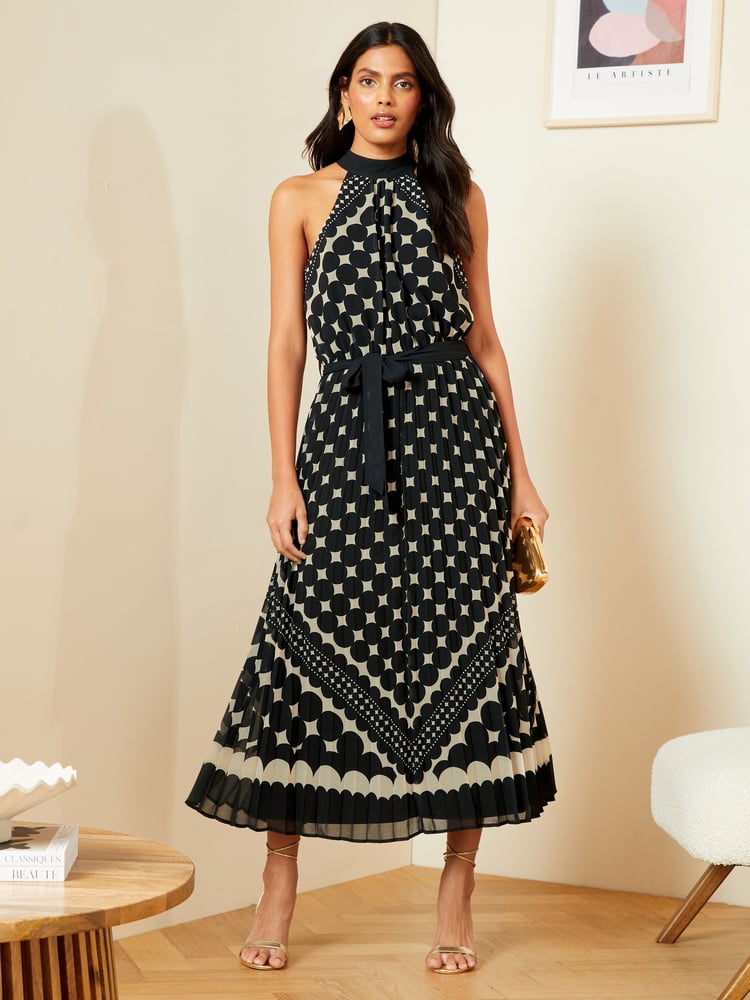 Love & Roses Black/White Polka Dot Pleated Halterneck Maxi Dress - Image 1 of 4 Love & Roses Black/White Polka Dot Pleated Halterneck Maxi Dress - Image 1 of 4