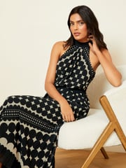 Love & Roses Black/White Polka Dot Pleated Halterneck Maxi Dress - Image 4 of 4