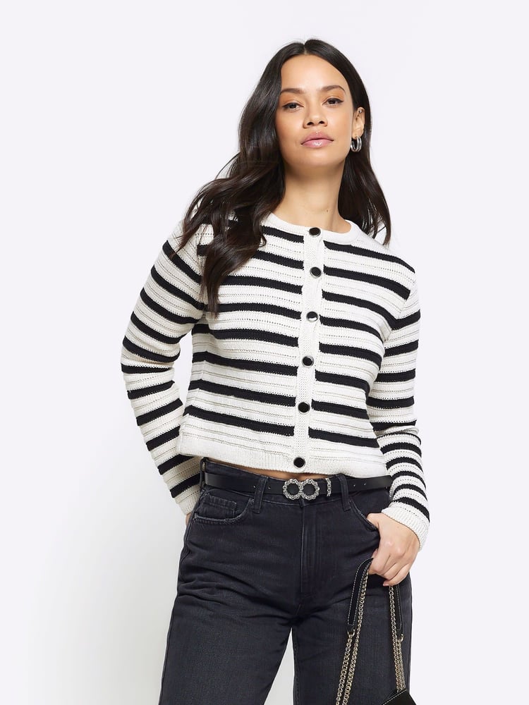 River Island Black Stripe Textured Knitted Cardigan - Image 1 of 4 River Island Black Stripe Textured Knitted Cardigan - Image 1 of 4