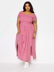 Yours Curve Pink Ditsy Floral Print Shirred Bardot Maxi Dress - Image 1 of 5