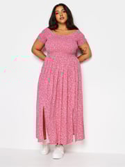 Yours Curve Pink Ditsy Floral Print Shirred Bardot Maxi Dress - Image 2 of 5