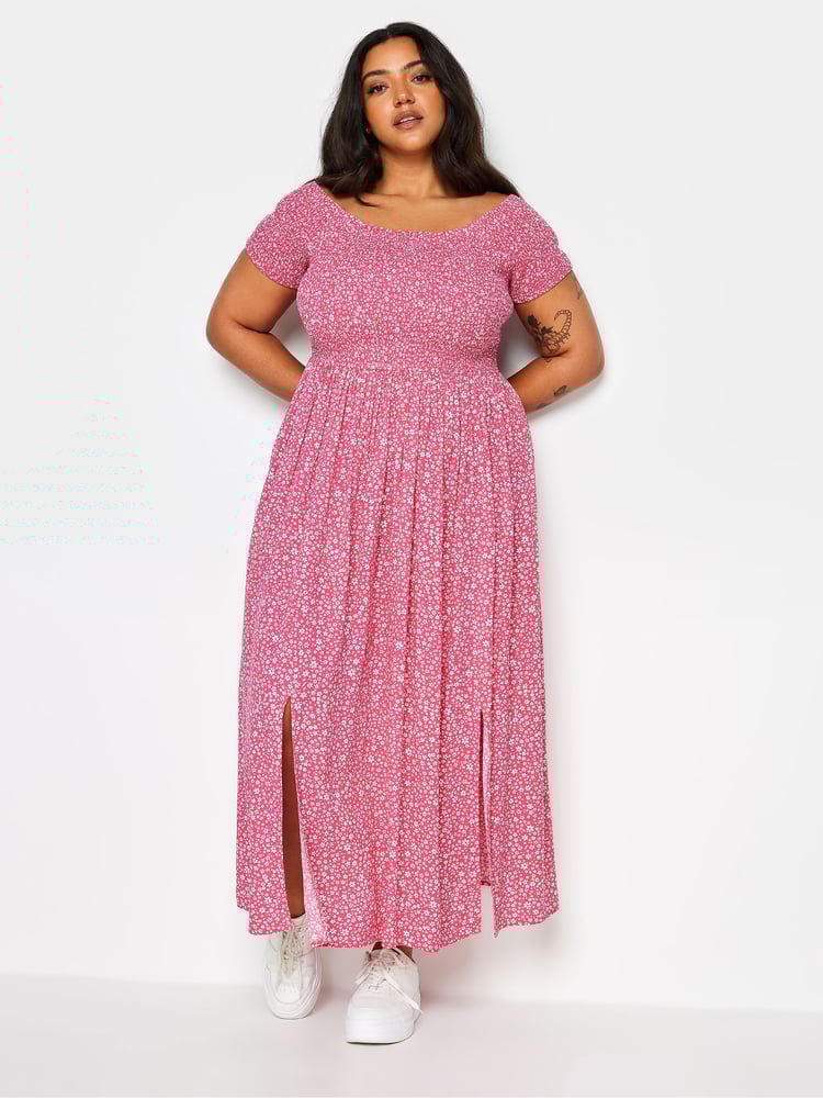 Yours Curve Pink Ditsy Floral Print Shirred Bardot Maxi Dress - Image 2 of 5