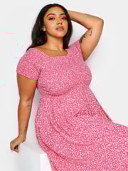 Yours Curve Pink Ditsy Floral Print Shirred Bardot Maxi Dress - Image 4 of 5