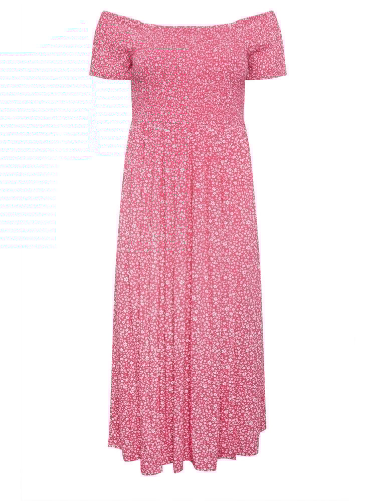 Yours Curve Pink Ditsy Floral Print Shirred Bardot Maxi Dress - Image 5 of 5