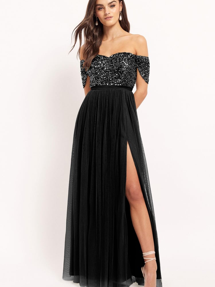 Maya Black Bardot Delicate Sequin Tulle Maxi Dress with Split - Image 1 of 4