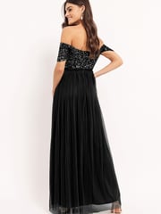 Maya Black Bardot Delicate Sequin Tulle Maxi Dress with Split - Image 2 of 4