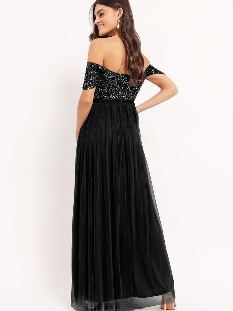 Maya Black Bardot Delicate Sequin Tulle Maxi Dress with Split - Image 2 of 4