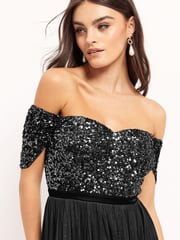 Maya Black Bardot Delicate Sequin Tulle Maxi Dress with Split - Image 4 of 4