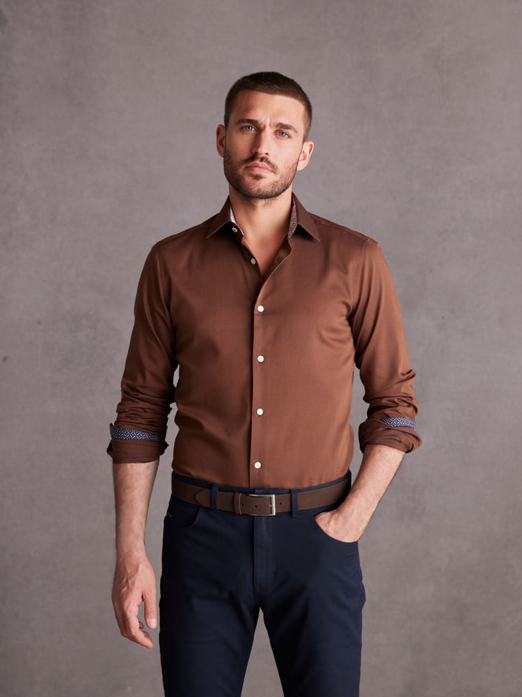 Rust Brown Slim Fit Single Cuff Signature Trimmed Shirt - Image 1 of 10