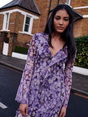 Lilac Purple Long Sleeve Mesh Ruffle Maxi Dress - Image 1 of 6